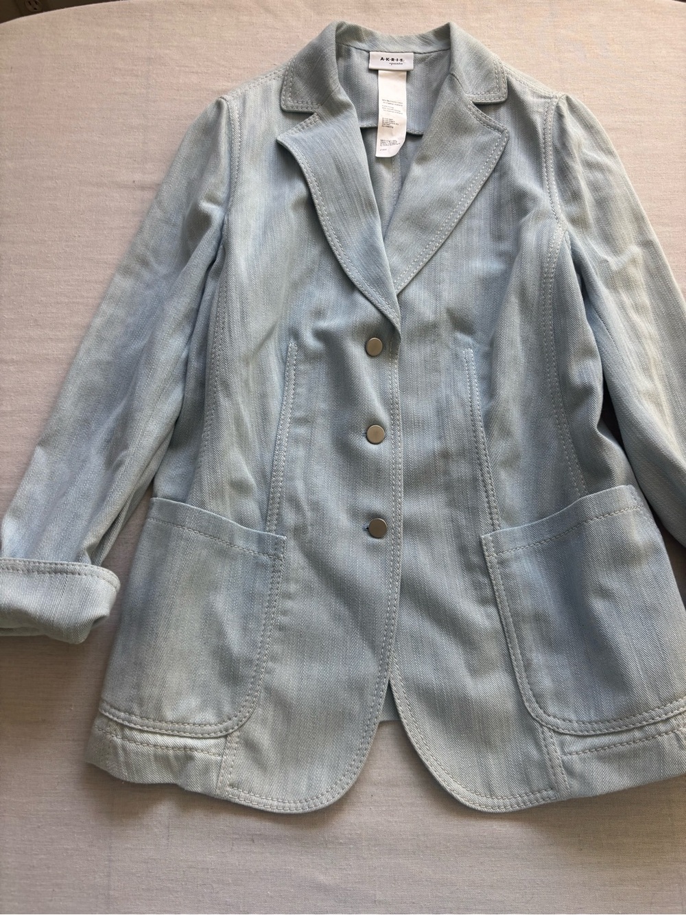 Akris Punto Light Blue Stretch Denim Tailored Long Blazer Jacket Est L XL